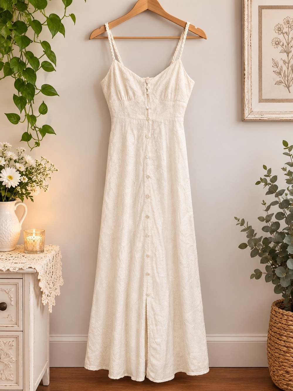 Monteau Los Angeles White Eyelet Maxi Dress Button Front Fairycore Boho Size XS